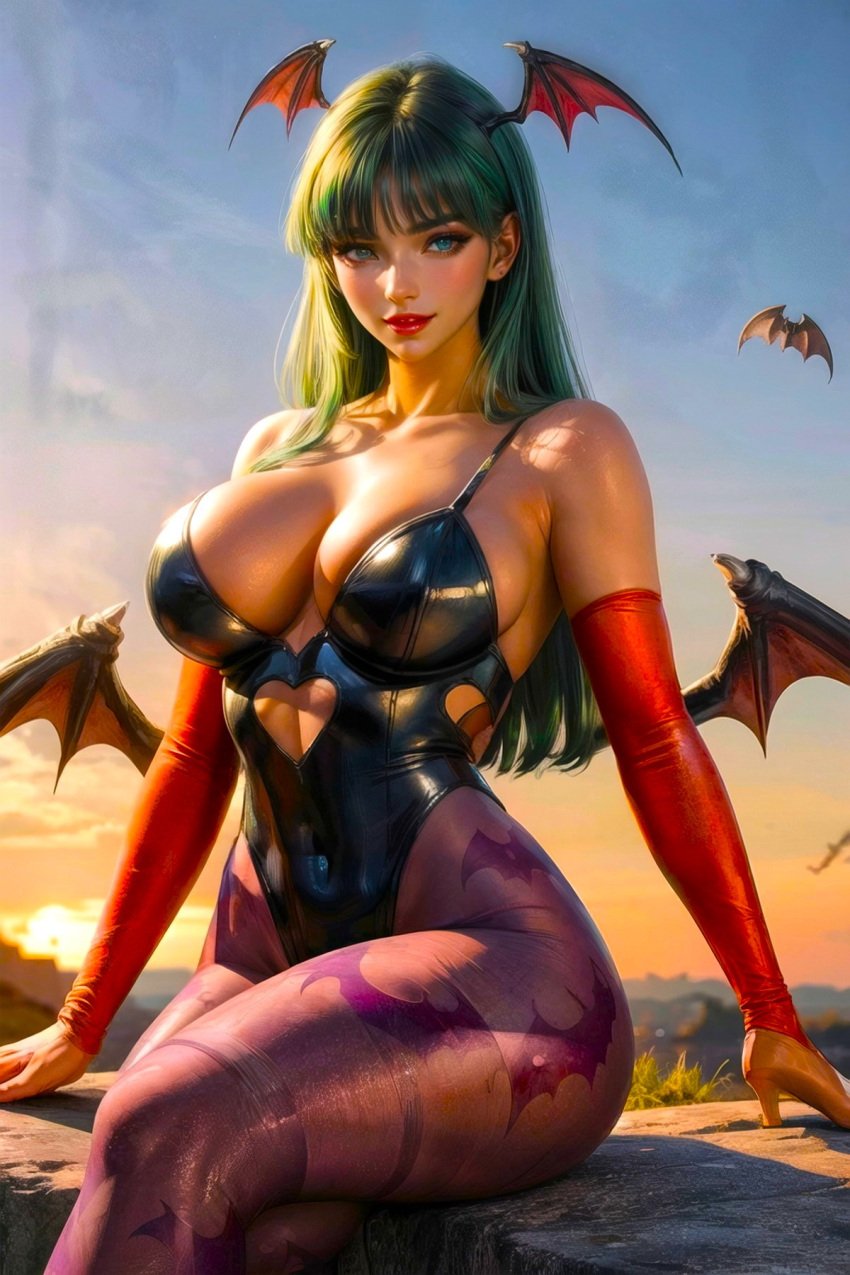 adult_female ai_generated bat bat_wings capcom darkstalkers demon demon_girl divine_beauty evening fighting_game goth goth_mommy gothic_girl green_eyes green_hair hill large_breasts legs_crossed lipstick morrigan_aensland photograph posing_for_the_viewer queen red_lipstick seductive_eyes seductive_mouth sitting solo solo_focus succubus summit sunset toongenai underworld video_game_character video_game_franchise video_games voluptuous voluptuous_female wings