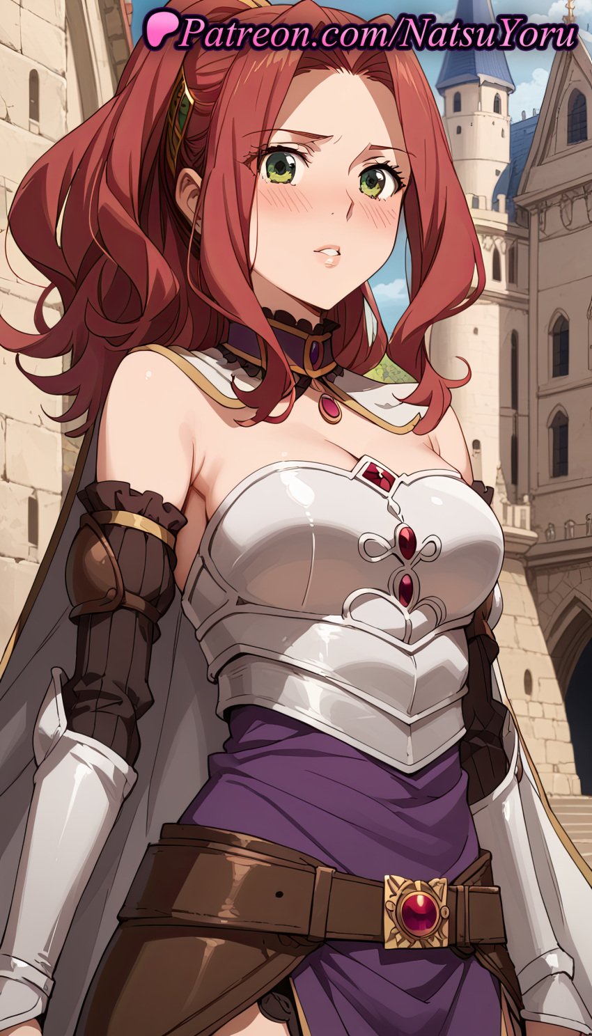 1girls ai_generated anime anime_style armor bare_shoulders belt bitch_(shield_hero) blue_sky blush boobplate breastplate breasts brown_belt building bust busty cape castle cleavage cowboy_shot day detached_sleeves dress female female_focus female_only gauntlets green_eyes hair_ornament hentai large_breasts long_hair looking_at_viewer malty_s_melromarc medium_breasts natsuyoru non-asian outdoors panties parted_bangs parted_lips ponytail purple_dress red_hair skirt sky solo solo_female tate_no_yuusha_no_nariagari teeth the_rising_of_the_shield_hero voluptuous voluptuous_female white_cape