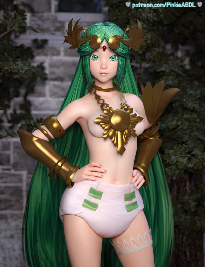 1girls 3d abdl breasts diaper female female_only green_eyes green_hair hands_on_hips kid_icarus kid_icarus_uprising long_hair looking_at_viewer necklace nintendo nipples palutena pinkie_abdl solo solo_female topless