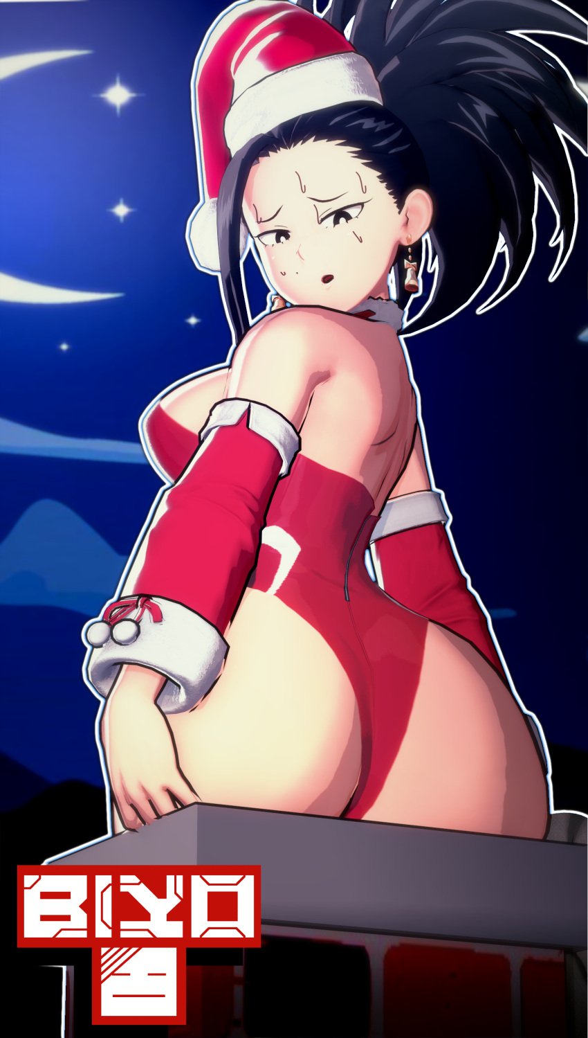 1girls 3d 3d_(artwork) big_ass big_breasts biyo black_hair chimney christmas christmas_outfit cleavage embarrassed heroine humiliation momo_yaoyorozu my_hero_academia night stuck