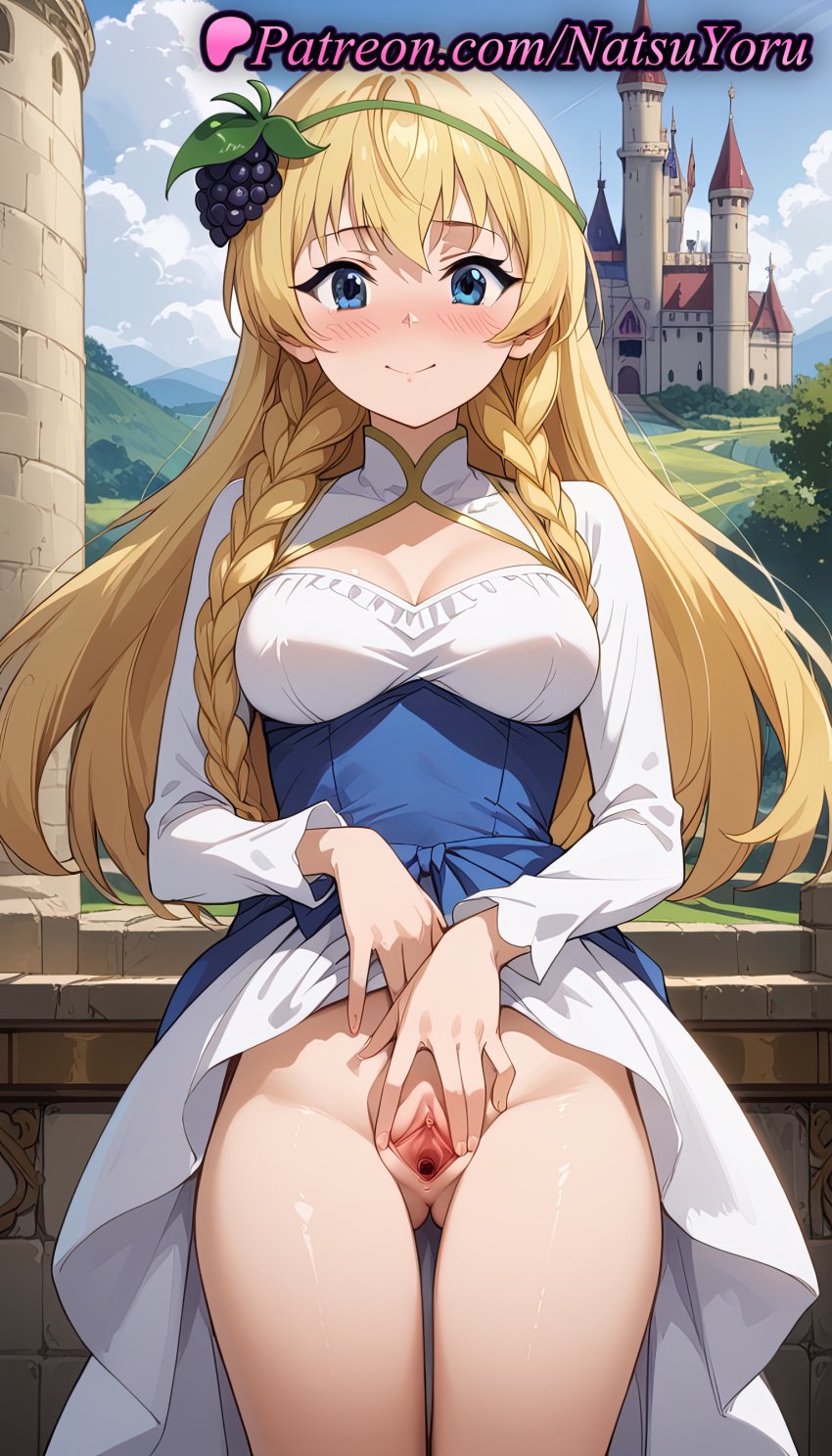 1girls ai_generated anime anime_style ass_visible_through_thighs bangs blonde_hair blue_eyes blue_sky blush braid breasts bust busty castle cleavage cleavage_cutout clitoris closed_mouth clothes_lift cloud cowboy_shot day dress dress_lift female_focus female_only female_solo food food-themed_hair_ornament fruit grapes hair_ornament hairband hentai iris_(konosuba) kono_subarashii_sekai_ni_shukufuku_wo! labia large_breasts lifted_by_self long_hair long_sleeves looking_at_viewer medium_breasts natsuyoru no_panties nopan nose_blush outdoors paipan presenting pussy pussy_lips pussy_peek skirt skirt_lift sky smile solo solo_female spread_pussy thigh_gap thighs twin_braids uncensored vagina voluptuous voluptuous_female vulva white_dress