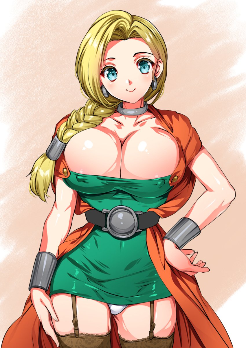 1girls areola_slip belt bianca_(dq5) blonde_hair blue_eyes braid breasts cleavage coat collar covered_erect_nipples cowboy_shot dragon_quest dragon_quest_v dress earrings garter_straps green_dress hand_on_own_hip highres jewelry large_breasts long_hair looking_at_viewer low_neckline microdress narrow_waist orange_coat pantyhose smash_daisaku smile solo straight-on thighhighs white_pantyhose