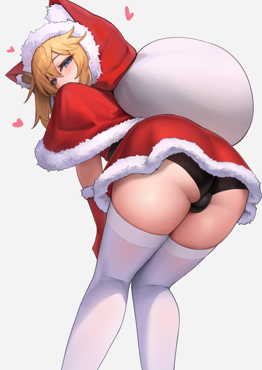 1boy absurdres androgynous ass black_panties blue_eyes bridget butt christmas commentary_request crossdressing femboy feminine_male from_behind girly gloves grey_background guilty_gear guilty_gear_strive hakusyokuto heart highres looking_at_viewer looking_back male_focus male_only orange_hair otoko_no_ko panties red_gloves red_hood santa_costume simple_background solo standing teenager thighhighs trap underwear white_thighhighs