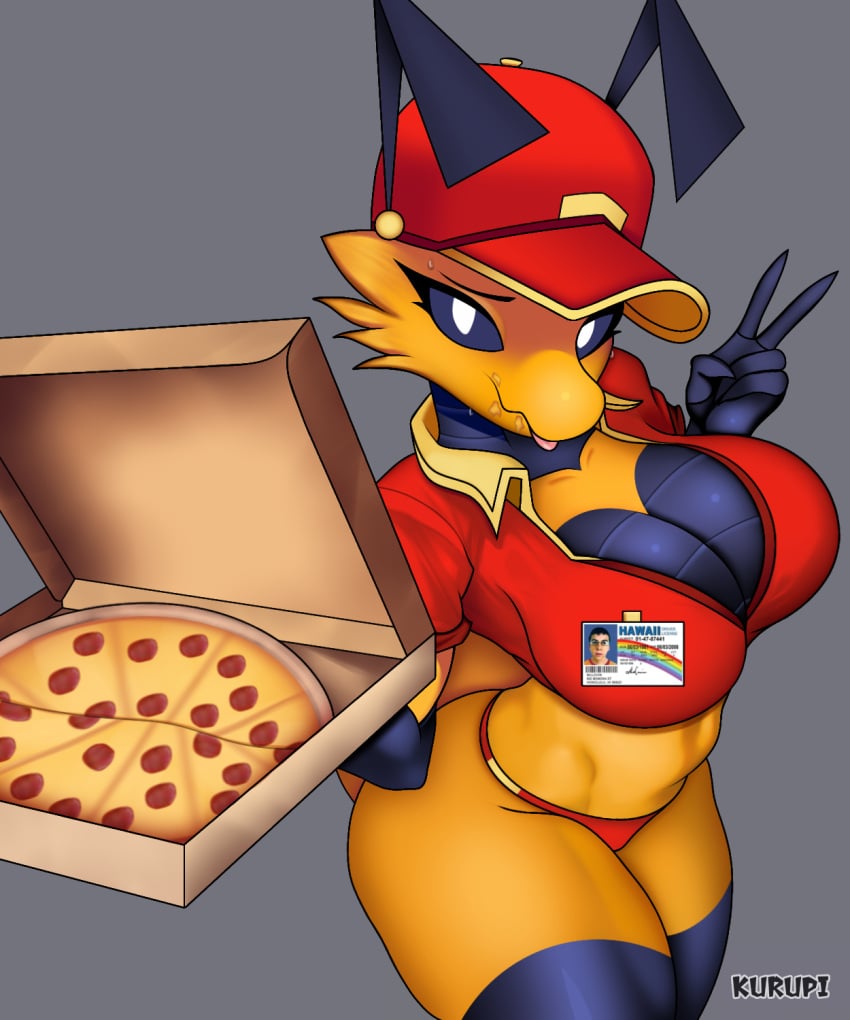 anthro bee bee_girl breasts breasts_out bug delivery_employee huge_ass huge_breasts kurupi_(artist) pizza pizza_bee_(xexeezy) pizza_box pizza_delivery pizza_girl sweat sweatdrop sweating thick thick_ass thick_legs thick_thighs thighs tongue_out uniform v_sign xexeezy