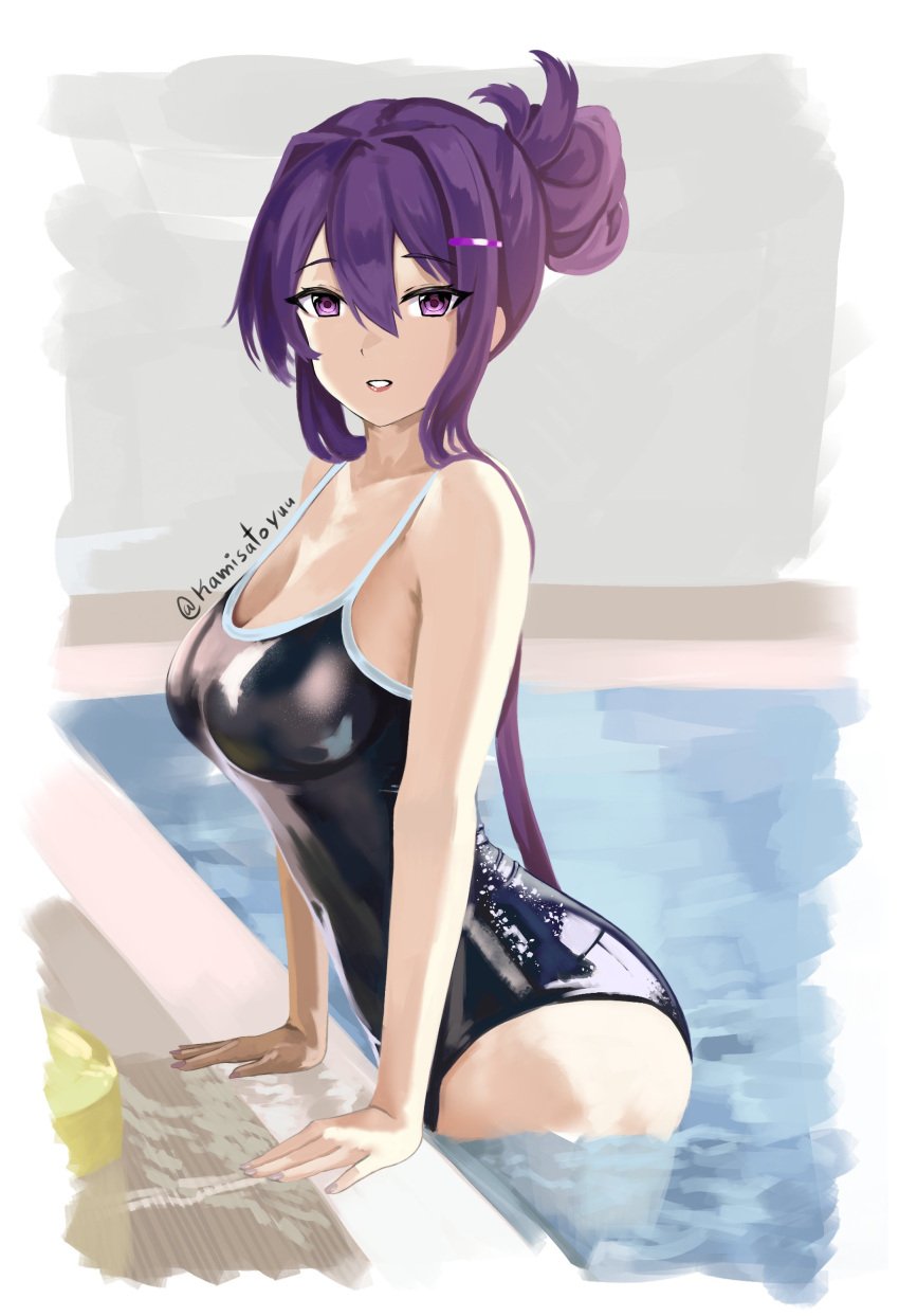 1female 1girls breasts doki_doki_literature_club female female_focus hair_bun hairbun kamisato_yuu one-piece_swimsuit purple_eyes purple_hair study swimsuit swimwear yuri_(doki_doki_literature_club)