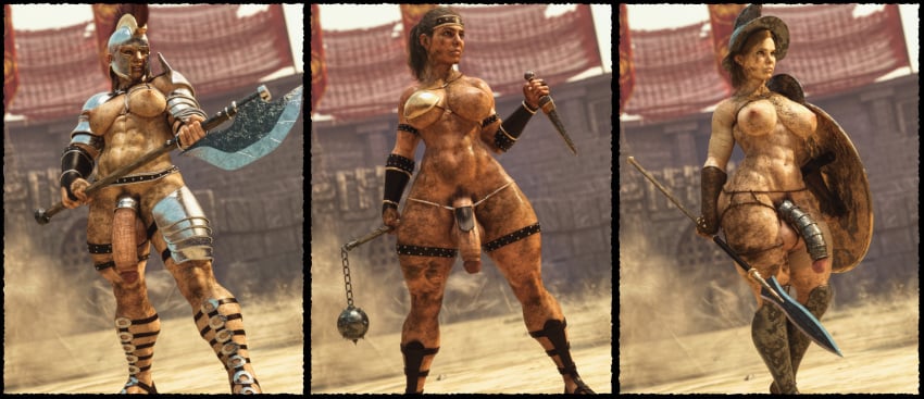 3d 3d_(artwork) 3futas abigail_anderson abs axe balls big_breasts big_penis breasts cock_cage cock_ring codpiece dina_(the_last_of_us) dirt dirty effectively_nude ellie_(the_last_of_us) flaccid flail futa_only futanari gladiator helmet knife loincloth muscular muscular_futanari naughty_dog nipples penis spear squarepeg3d the_last_of_us the_last_of_us_2 veiny_penis weapon