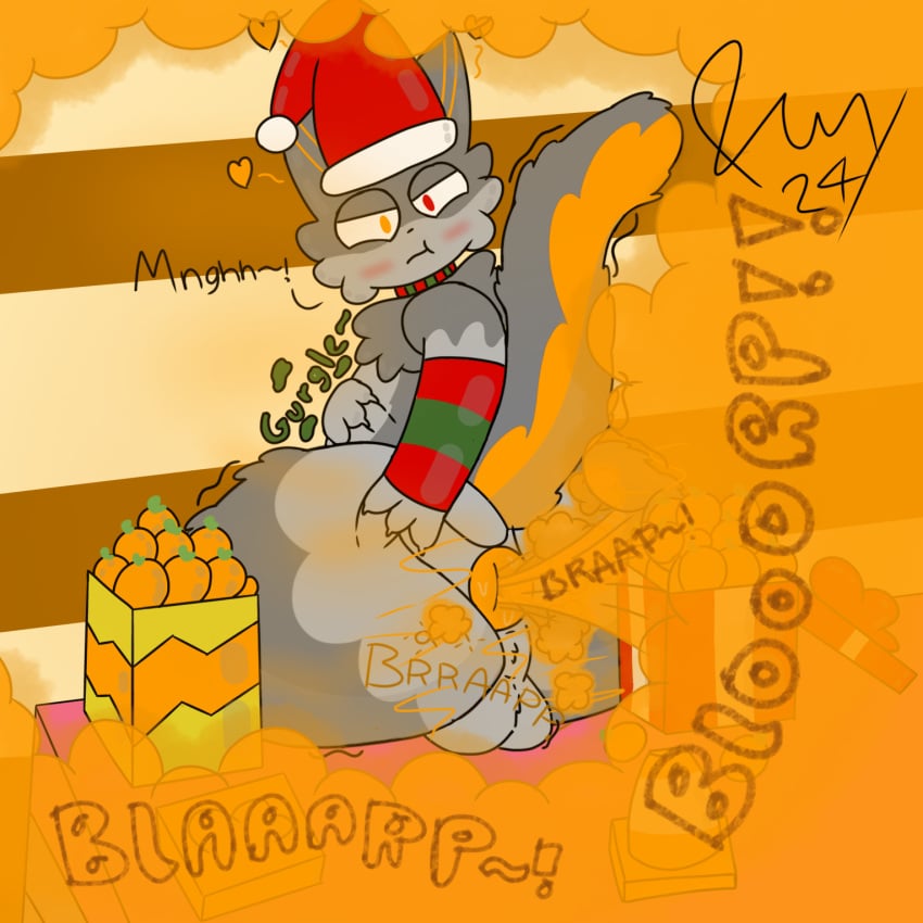 1:1 anthro anus ass balls big_butt blush bodily_fluids christmas christmas_clothing christmas_headwear clothing digital_media_(artwork) domestic_cat fart fart_cloud fart_fetish felid feline felis femboy food freeway_(freewaythecat) freewaythecat fruit fur gassy genitals gift grey_body hat headgear headwear hearts_around_head hi_res holidays looking_at_viewer male mammal musk musk_clouds nude one_eye_closed orange_(fruit) orange_body orange_fur plant presenting presenting_anus presenting_hindquarters puffy_anus santa_hat simple_background smug_face solo spread_butt spreading tail text traffic_cone