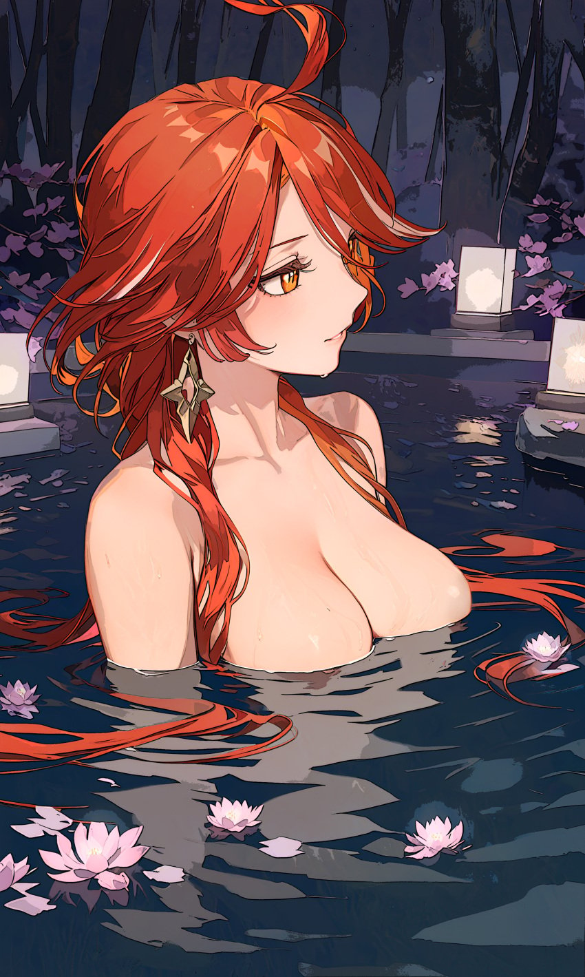 1girls ai_generated bathing breasts female genshin_impact hot_spring large_breasts light-skinned_female mavuika_(genshin_impact) mihoyo nude red_hair solo timmytommy