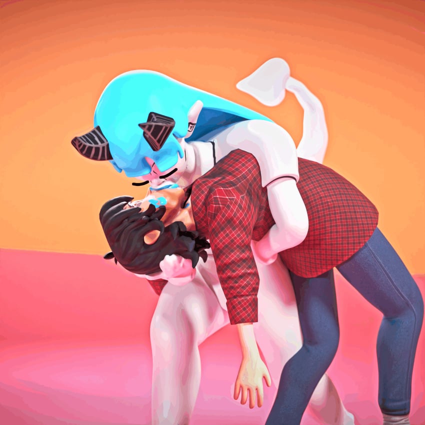 2girls animated arms_around_partner bending bending_forward black_hair blue_hair blue_lips blue_lipstick demon demon_girl demon_horns devil_tail female/female female_only french_kiss french_kissing human jeans kiss_mark kissing lips lipstick lipstick_mark long long_hair short_hair sl0bb3r tongue tongue_kiss tongue_out zari_(museinfamous)