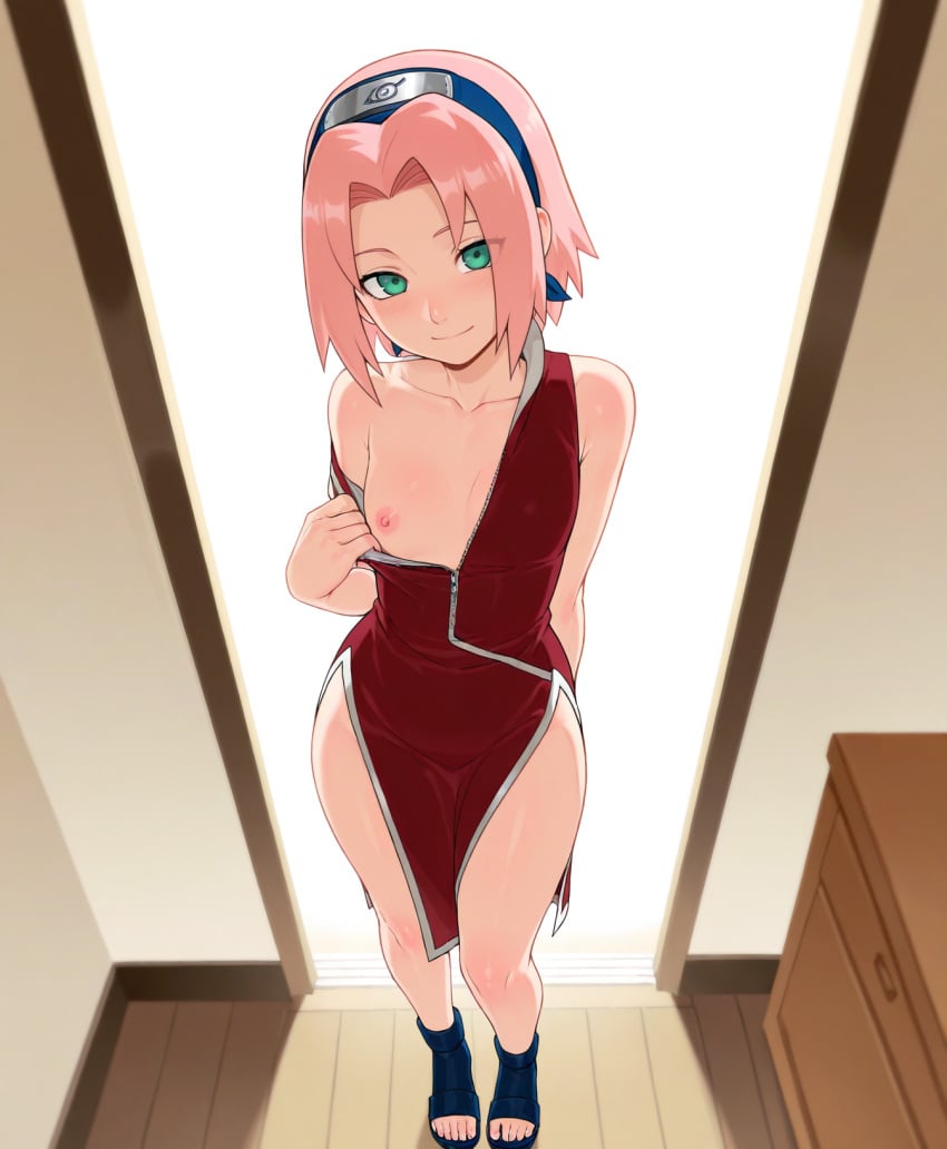 1girls ai_generated arms_behind_back bottomless collarbone collared_shirt female female female_focus female_only from_above full_body green_eyes head_tilt headband indoors naruto naruto_(classic) naruto_(series) nipple_slip outdoors partially_clothed partially_clothed_female pink_hair red_dress sakura_haruno sakura_haruno(genin) seductive seductive_eyes seductive_look seductive_pose seductive_smile short_hair sleveless small_breasts suggestive suggestive_look suggestive_pose tease undressing unzipped