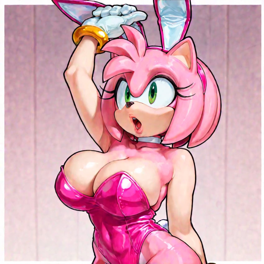 ai_generated amy_rose fake_animal_ears furry furry_female gloves green_eyes leotard lips mobian_(species) open_mouth pink_fur pink_hair playboy_bunny sonic_(series) sonic_the_hedgehog_(series) stable_diffusion