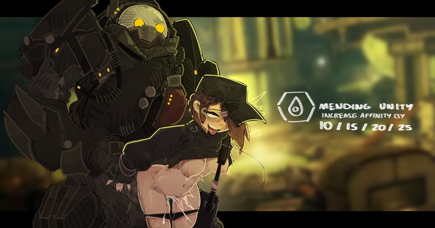 ahe_gao ambiguous_penetration belly_bulge breasts breasts_out cum cum_inside doggy_style gameplay_mechanics glasses hat haze_(shuuko) inflation navel nipples orange_eyes original_character panties panties_down purple_hair short_hair shuuko small_breasts tongue_out warframe