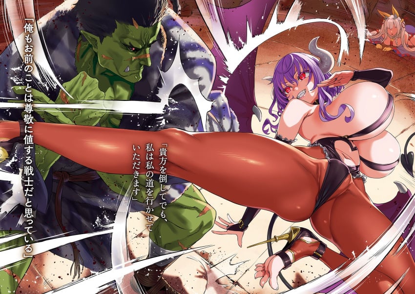 1boy 2girls absurdres action_pose animal_ears asanagi ass bare_shoulders bash_(orc_eiyuu_monogatari) battle black_hair black_sclera bob_cut breasts bridal_gauntlets cameltoe carrot_(orc_eiyuu_monogatari) clothing_cutout colored_sclera colored_skin covered_erect_nipples demon_girl demon_horns demon_tail demon_wings detached_sleeves fangs female fighting fox_ears fox_girl from_below green_skin grin heart heart_cutout high_heels highres horns huge_breasts japanese_text kicking large_breasts legs light-skinned_female light_skin long_hair low_wings lying male male/female medium_hair mixed_gender_duel mole mole_on_thigh mole_under_mouth multiple_girls navel navel_cutout novel_illustration official_art on_stomach orc orc_eiyuu_monogatari orc_eiyuu_monogatari_sontaku_retsuden orc_male pantyhose purple_hair red_eyes revealing_clothes sagging_breasts scar scar_on_face scar_on_nose short_hair silviana_(orc_eiyuu_monogatari) slit_pupils smile spread_legs tail teeth thick_thighs thighs toeless_footwear toeless_legwear toenails toes translated tusks underboob white_hair wings