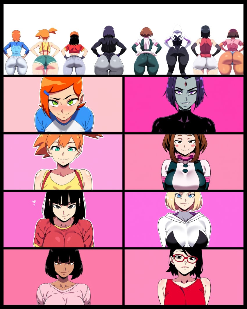 9girls ass ben_10 big_ass boruto:_naruto_next_generations cartoon_network collage colored_skin crossover d-art_style dark-skinned_female dark_skin dat_ass dc dc_comics dora_marquez dora_the_explorer dragon_ball dragon_ball_gt eastern_and_western_character game_freak grey_body gwen_tennyson huge_ass latina latina_female light-skinned_female light_skin marvel marvel_comics mullon my_hero_academia naruto naruto_(series) nicktoons nintendo ochako_uraraka pan_(dragon_ball) pokemon pokemon_(anime) pokemon_frlg pokemon_rgby portrait rachel_roth raven_(dc) sarada_uchiha seductive seductive_look seductive_smile spider-gwen spider-man_(series) teen_titans