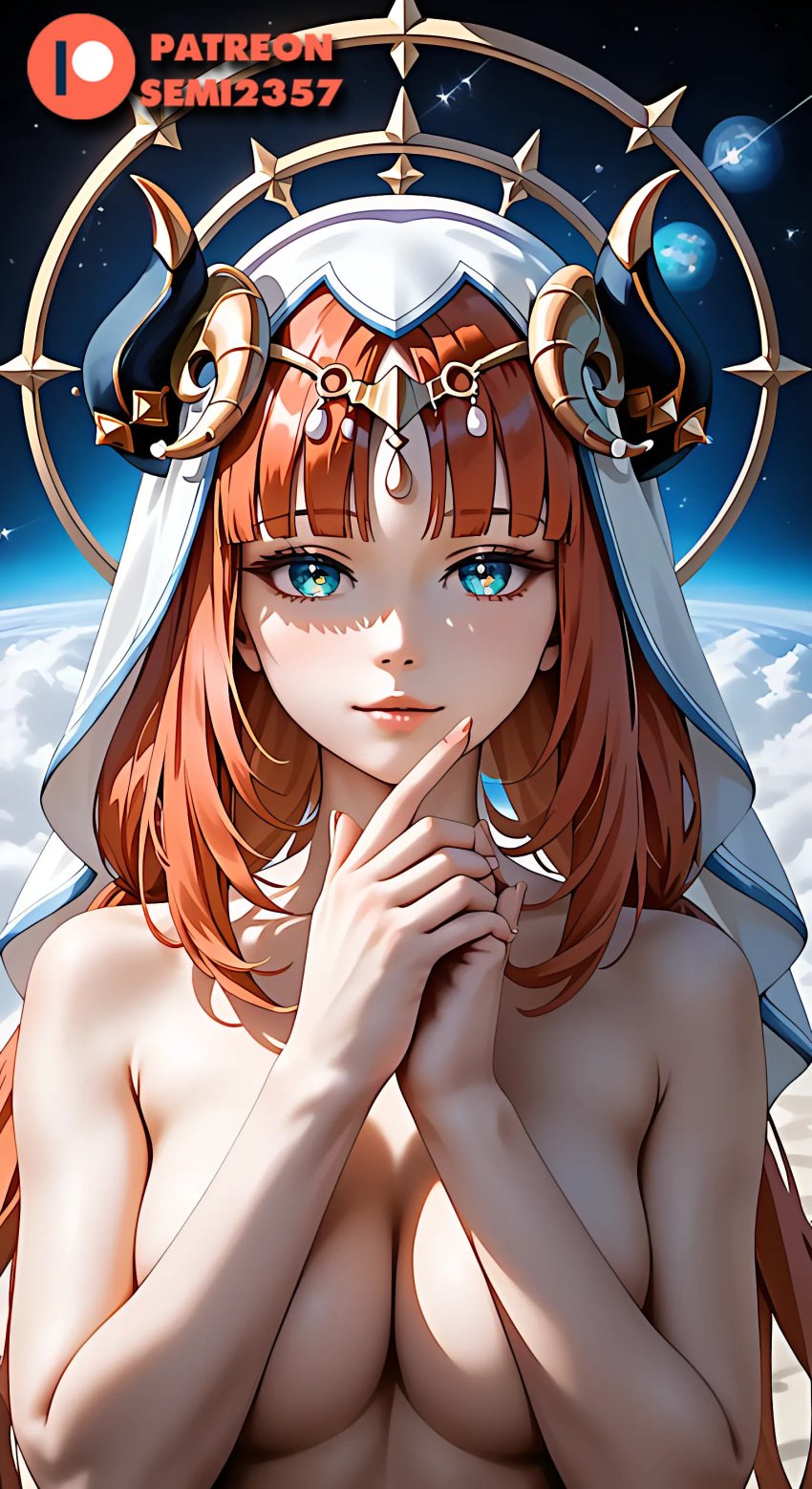 ai_generated ai_hands big_breasts breasts covering_breasts covering_nipples female genshin_impact horns nilou_(genshin_impact) nude nude_female patreon patreon_logo patreon_username red_hair soft_skin solo solo_female space