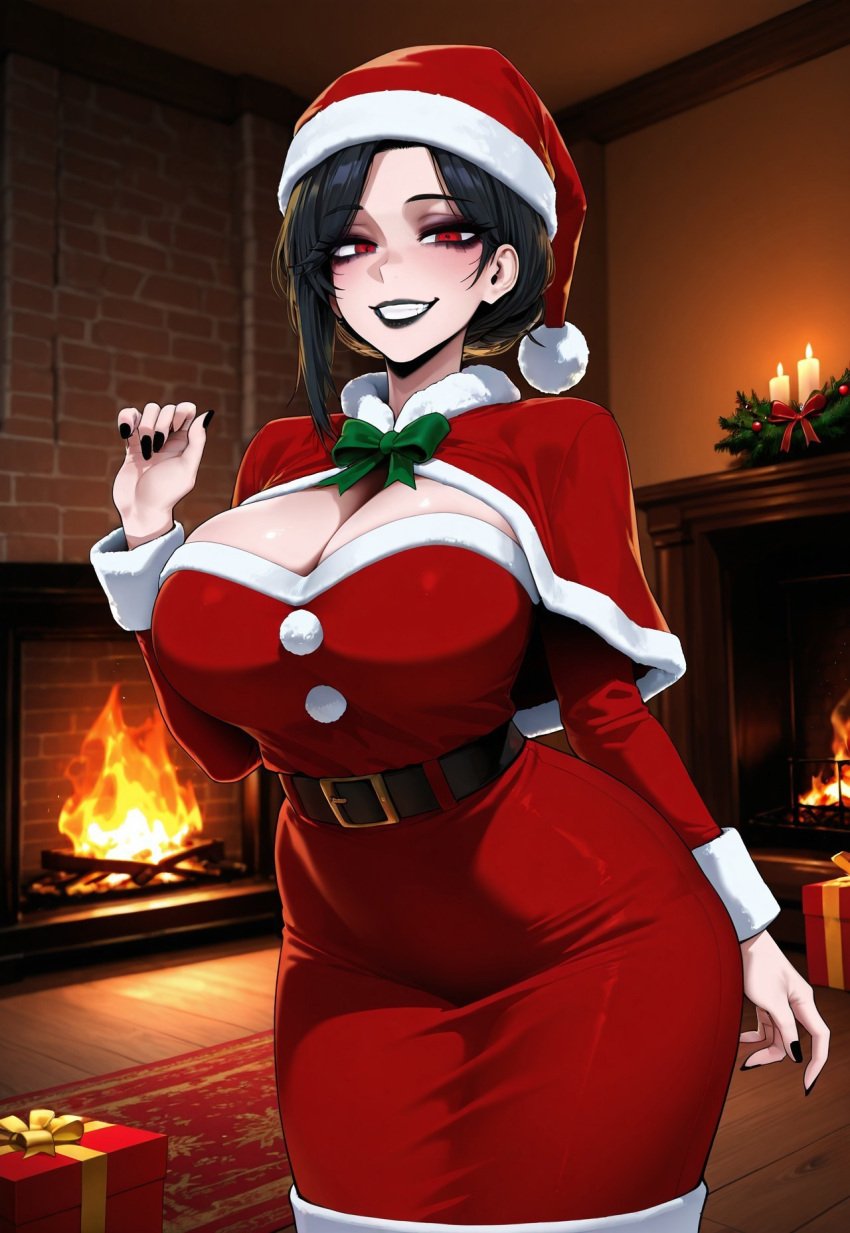 black_hair christmas christmas_outfit ent90 female night red_eyes