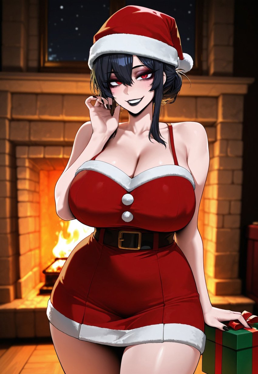 ai_generated black_hair christmas christmas_outfit ent90 female night red_eyes