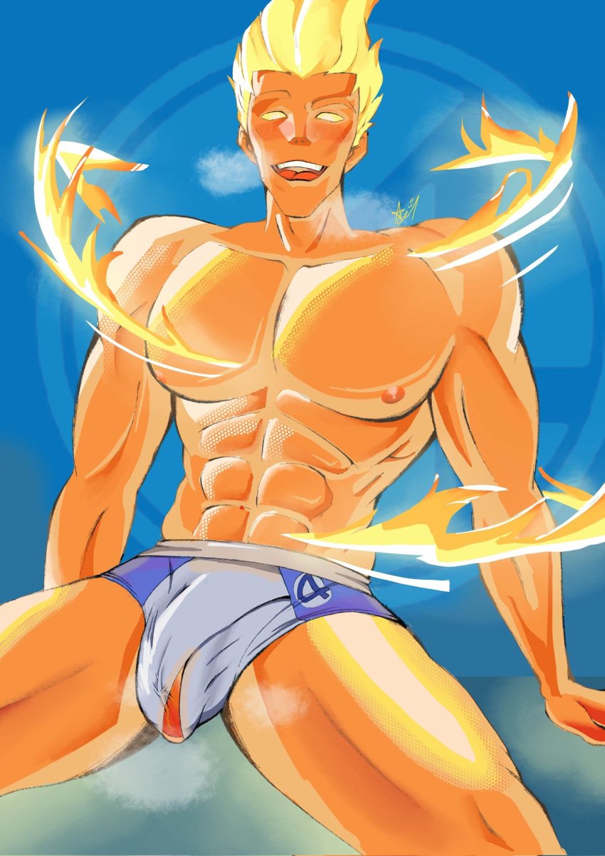 abs alternate_version_available big_pecs fantastic_four human_torch human_torch_(marvel_rivals) johnny_storm male male_focus male_only marvel marvel_comics marvel_rivals muscular muscular_male nipples no_text_version open_mouth pecs riffed_off shirtless solo solo_male spread_legs teasing teasing_viewer tongue topless topless_male underwear underwear_only