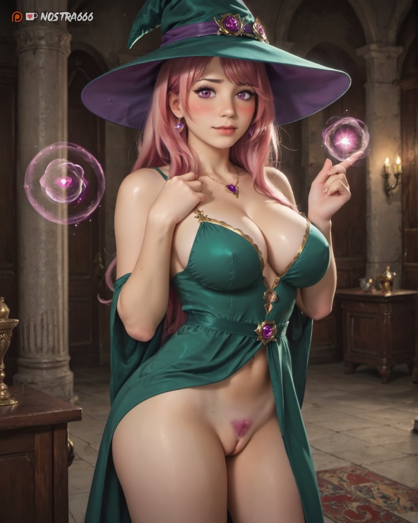 agnietta ai_generated blush breasts female girl looking_at_viewer nostra666 oc original_character patreon pink_hair pubic_hair pussy uncensored witch