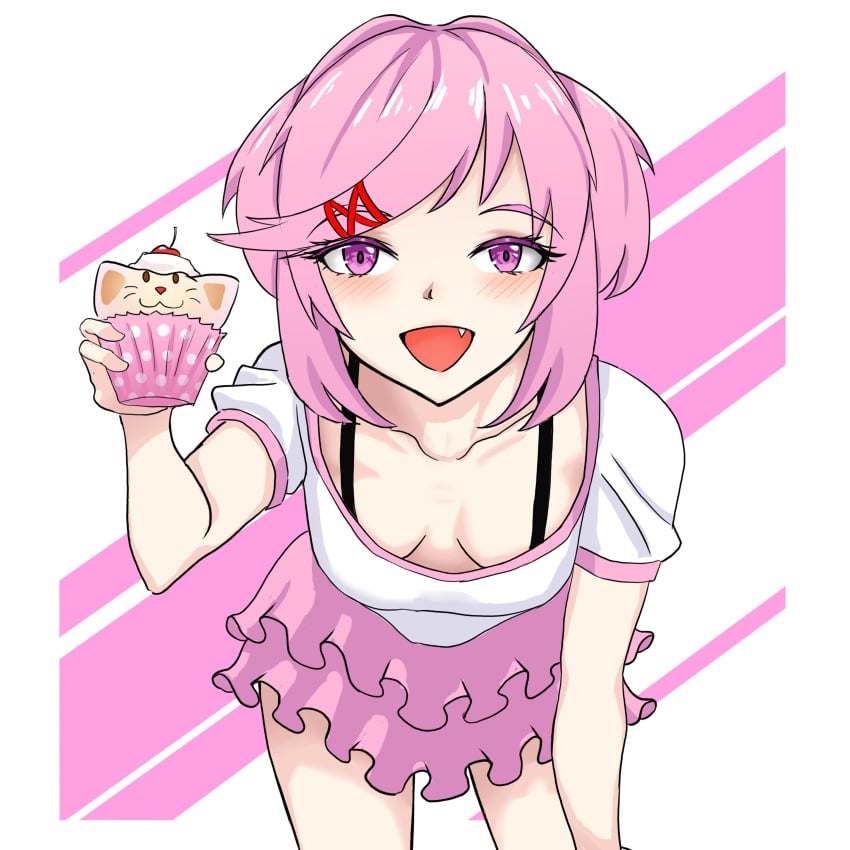 1female 1girls bra_strap collarbone cupcake doki_doki_literature_club down_blouse eiji_zatsu fang female female_focus mouth_open natsuki_(doki_doki_literature_club) oerba_yun_fang open_mouth pink_eyebrows pink_eyes pink_hair skirt