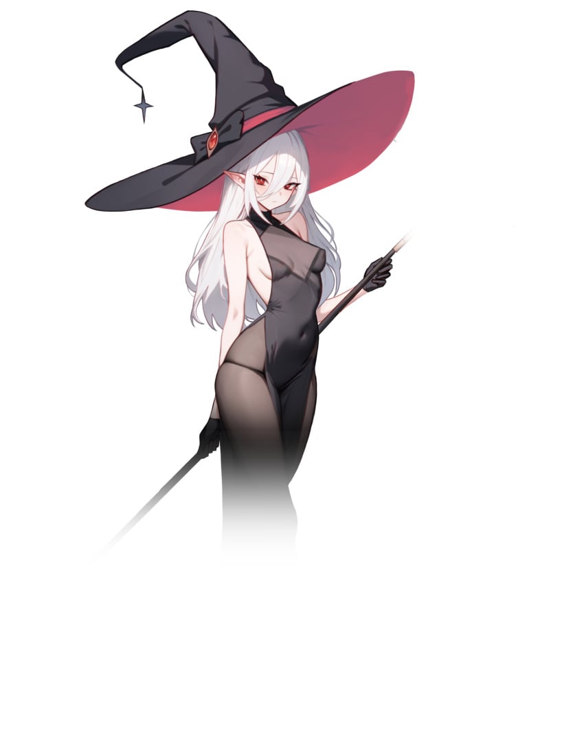 character_request covered_navel covered_nipples elf_ears gloves kumotori_art large_hat mellowillust444 nipple_bulge nipples_visible_through_clothing red_hair staff tagme translucent_clothing white_hair witch&#039;s_dungeon witch_hat