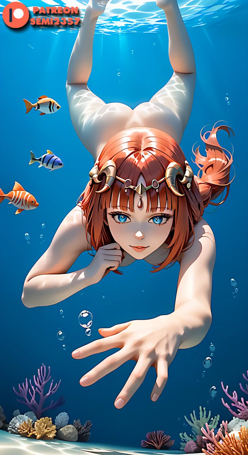 ai_generated ass blue_eyes breasts female fish genshin_impact legs_up looking_at_viewer nilou_(genshin_impact) nipples_covered nude nude_female patreon patreon_logo patreon_username reaching_out red_hair solo solo_female underwater underwear_only