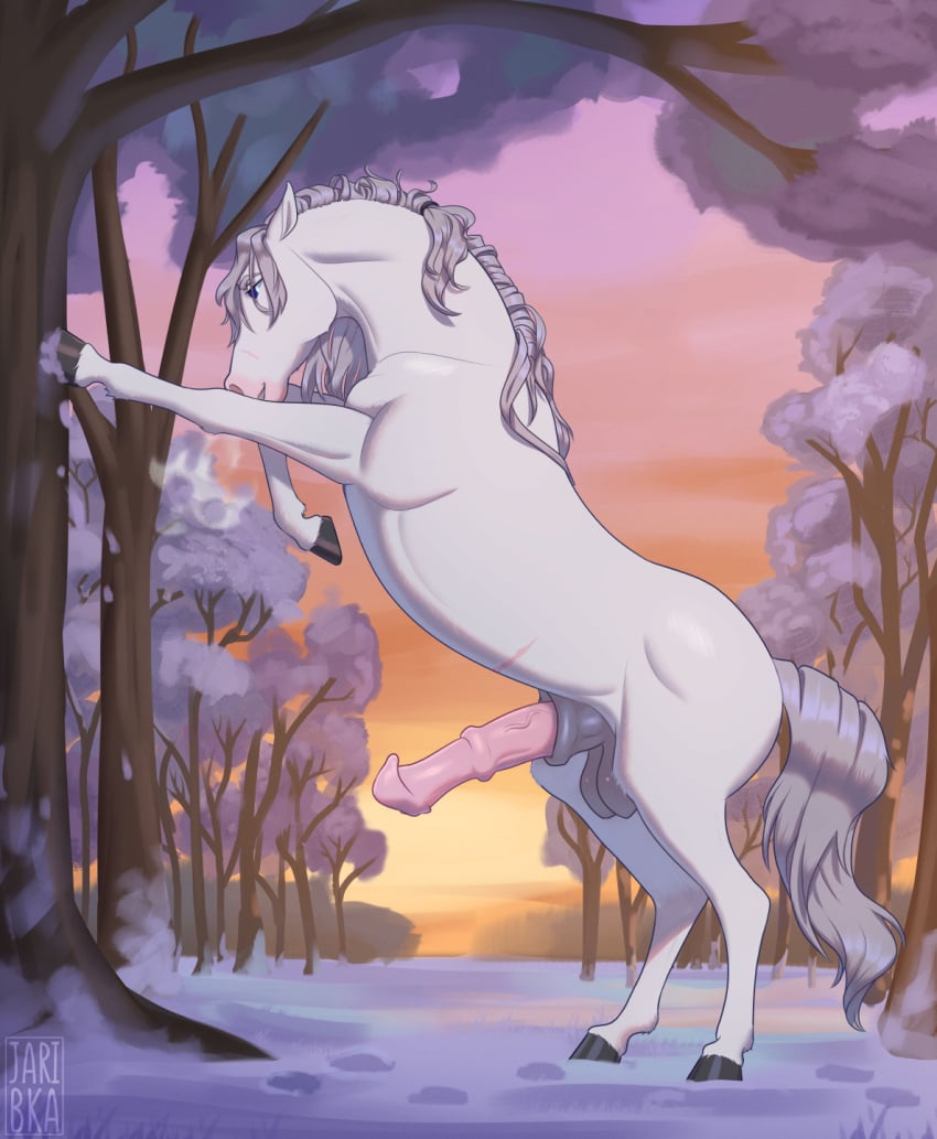 anatomically_correct anatomically_correct_genitalia anatomically_correct_penis animal_genitalia animal_penis balls bayard_zylos equid equine equine_genitalia equine_penis erection feral genitals hi_res horse jaribka male mammal mane on_hind_legs outside penis plant sheath sky snow solo tree white_body winter