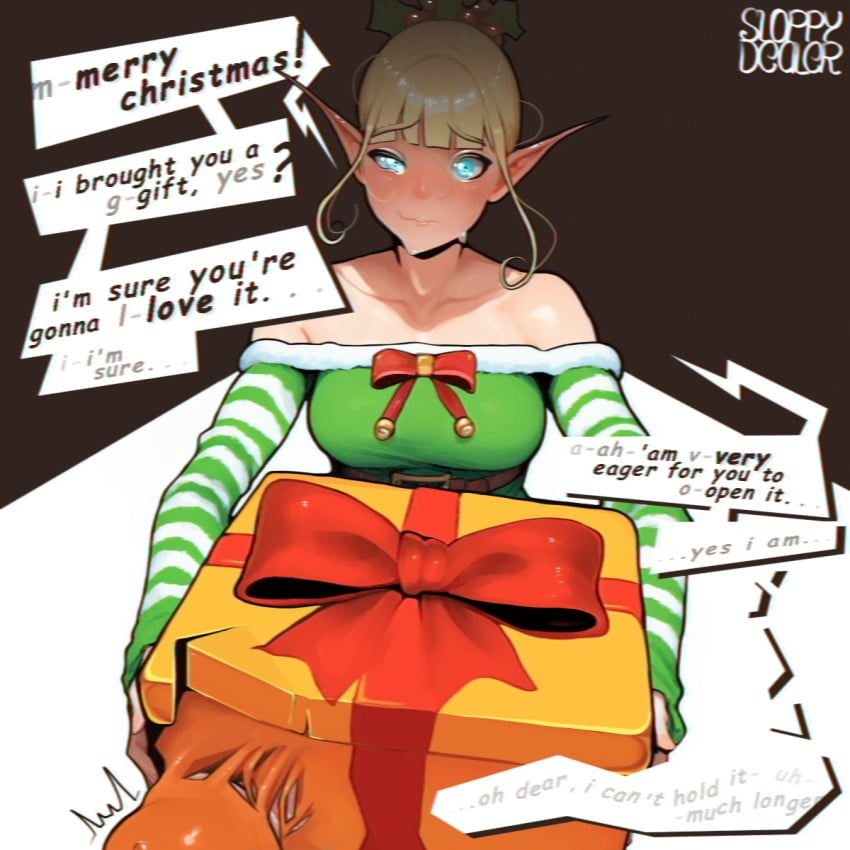 1futa 2024 abstract_background ai_assisted ai_generated armwear artist_name bangs bare_shoulders bell belt big_penis blonde_hair blue_eyes blush blushing_at_viewer blushing_profusely bow breasts brown_background christmas christmas_elf christmas_outfit clothed clothing collarbone detached_sleeves dialogue dress elf elf_ears embarrassed emphasis_lines english english_dialogue english_text erect_penis erection eye_contact from_above front_view fully_clothed futa_focus futa_only futanari genital_fluids gift gift_box glowing_eyes hair_ornament hair_ribbon high-angle_view highres holding_object huge_cock hyper hyper_penis imminent_sex intersex jingle_bell light-skinned_futanari light_skin long_hair looking_at_viewer medium_breasts messy_hair motion_lines narrowed_eyes penis penis_out pointy_ears pov precum presenting presenting_penis red_bow red_ribbon ribbon simple_background sloppydealer smile smiling smiling_at_viewer solo solo_focus speech_bubble standing straight_hair stripes sweat talking_to_viewer text trembling twitching watermark white_background