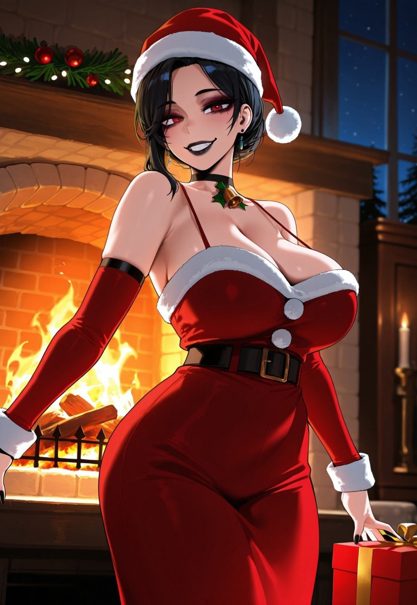 ai_generated black_hair christmas christmas_outfit ent90 female night red_eyes