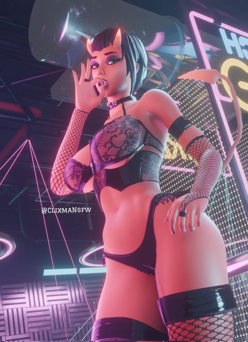 1girls 3d armwear black_hair blowjob_gesture bra choker clixmansfw demon demon_girl demon_horns female female_only fishnets fortnite fortnite:_battle_royale green_eyes horns looking_at_viewer malice_(fortnite) panties red_skin solo solo_female tagme