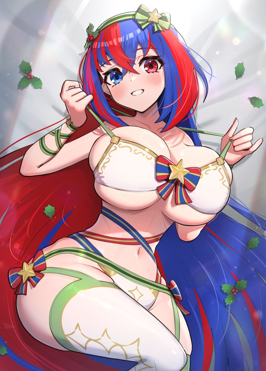 1girls alear_(female)_(fire_emblem) bikini blue_eyes blue_hair blush breasts busty christmas female female_only fire_emblem fire_emblem_engage gonzarez hair_between_eyes hairband heterochromia huge_breasts lingerie long_hair looking_at_viewer multicolored_hair navel on_bed pulling_bra red_eyes red_hair ribbon ribbons smile solo strap_pull thick_thighs thighhighs very_long_hair voluptuous