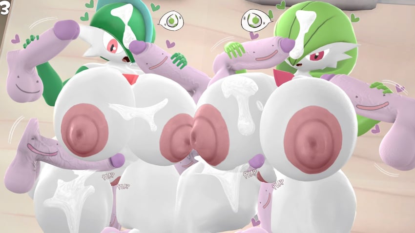 2girls 3d 3d_(artwork) big_breasts big_thighs breasts_bigger_than_head disembodied_penis ditto dra111_(artist) dragon316 gallade gardevoir huge_breasts pok&eacute;mon_(species) pokemon pokemon_(species) rule_63