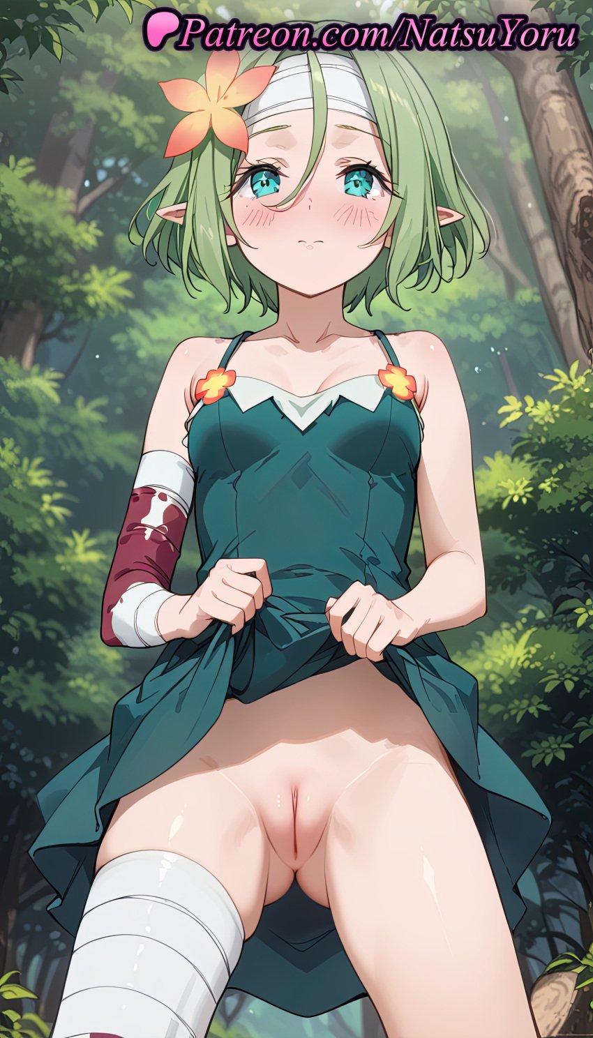 1girls ai_generated anime anime_style aqua_eyes ass_visible_through_thighs bandaged_arm bandaged_head bandaged_leg bandages bangs bare_shoulders blue_eyes blurry_background blush breasts bust busty cleft_of_venus closed_mouth clothes_lift collarbone cowboy_shot day detached_sleeves dress dress_lift elf elf_ears female female_focus female_only flower forest from_below green_dress green_eyes green_hair hair_between_eyes hair_flower hair_ornament headband hentai kono_subarashii_sekai_ni_shukufuku_wo! labia labia_majora lifted_by_self looking_at_viewer natsuyoru nature no_panties non-asian nopan orange_flower outdoors paipan pointed_ears pointy_ears pussy shaved_pussy short_hair sleeveless sleeveless_dress small_breasts solo solo_female standing tranquility_girl tree uncensored vagina voluptuous voluptuous_female