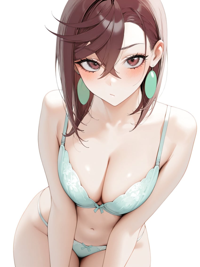 ai_generated april68th ayase_momo bare_legs belly_button bending_forward bending_over big_ass bra breasts brown_hair dandadan embarrassed embarrassed_female green_eyes lingerie lingerie_only looking_at_viewer panties selfie selfie_pose short_hair slim_waist teenager thick thick_hips thick_thighs underwear wide_hips