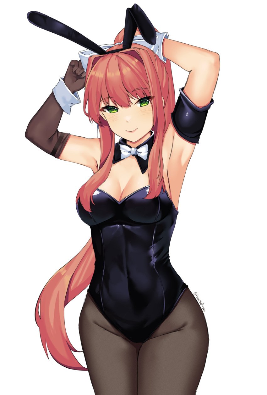 1female 1girls bowtie bowtie_collar breasts bunny_ears bunnysuit cleavage collar doki_doki_literature_club female female_focus green_eyes hair_intakes kamisato_yuu long_hair monika_(doki_doki_literature_club)