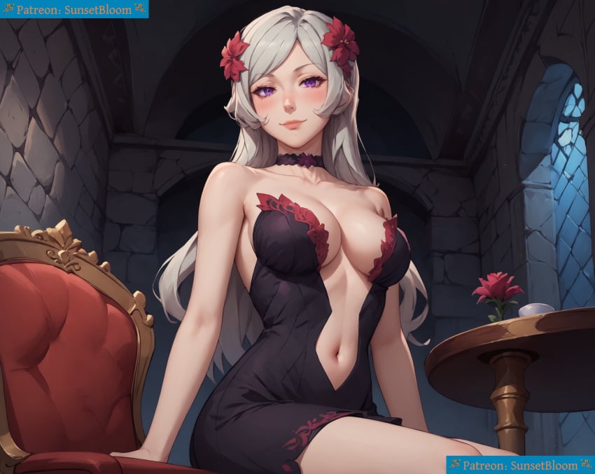 ai_assisted ai_background ai_clothes ai_generated ai_generated_background ai_upscaled black_dress blush danmachi female flower_ornament freya_(danmachi) navel purple_eyes sitting solo sunsetbloom white_hair