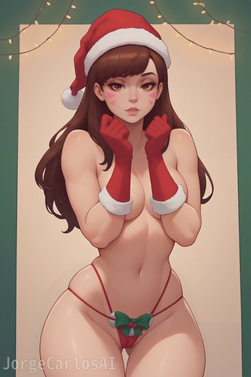 1girls ai_generated big_breasts big_breasts big_breasts blizzard_entertainment breasts breasts breasts brown_eyes brown_hair cameltoe christmas christmas_clothing christmas_hat christmas_headwear christmas_lights christmas_outfit covering covering_breasts d.va face_markings fanart female female female_focus female_only girl gloves jorgecarlosai long_hair navel overwatch overwatch_2 pom_pom_(clothes) pom_poms red_gloves santa_hat sexy standing thighs thong toned topless topless_female waifu watermark