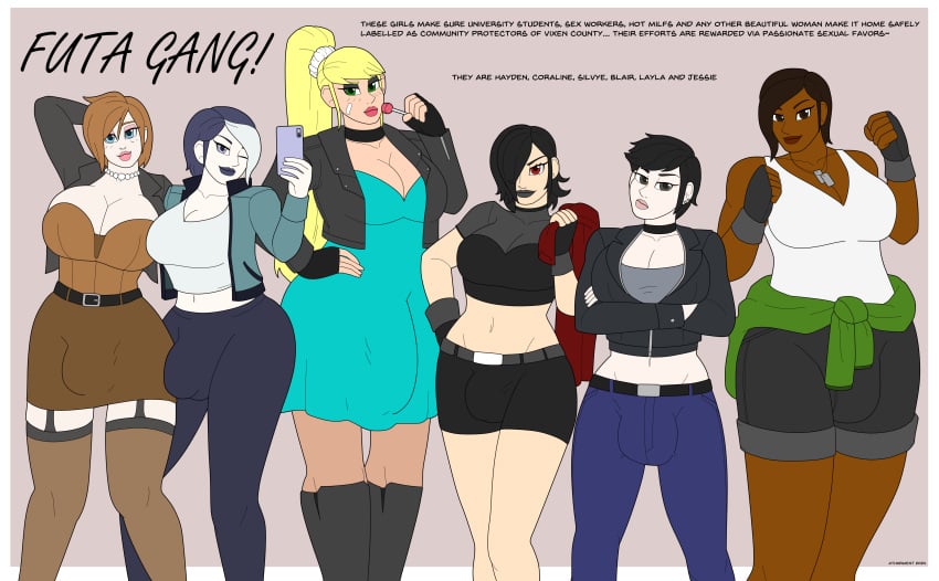 6futas athorment athorment_oc black_hair blue_eyes brown_hair bulge bulge_through_clothing cleavage coraline_(athorment) dark-skinned_futanari dark_skin futa_only futanari green_eyes hayden_(analiss) intersex jeans jessie_(athorment) large_breasts layla_(athorment) light-skinned_futanari light_skin lipstick pinup selfie short_hair silvye_(athorment) skirt yellow_hair