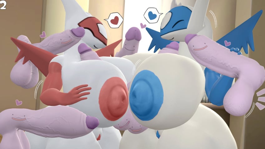 2girls 3d 3d_(artwork) big_breasts big_thighs breasts_bigger_than_head disembodied_penis ditto dra111_(artist) dragon316 huge_breasts latias latios pok&eacute;mon_(species) pokemon pokemon_(species) rule_63