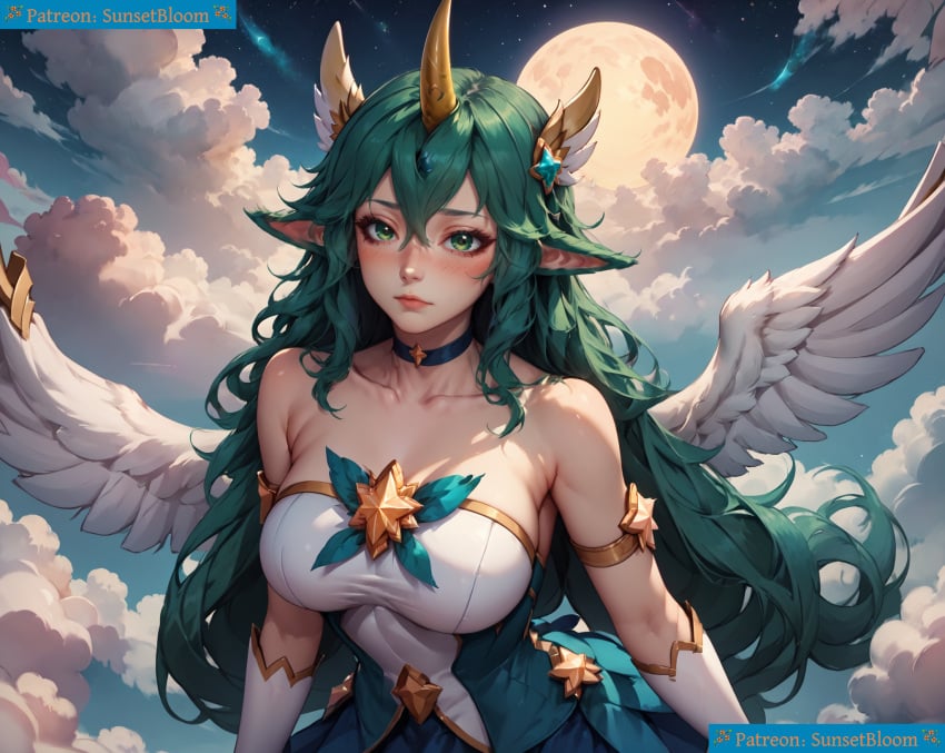 ai_assisted ai_background ai_clothes ai_generated ai_generated_background ai_upscaled big_breasts blush costume elf_ears female green_eyes hair_ornament horn league_of_legends solo soraka star_guardian_series star_guardian_soraka sunsetbloom wings