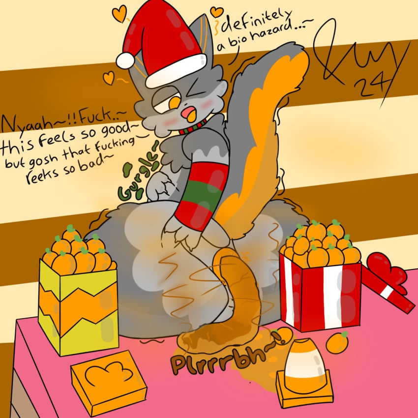 1:1 anthro anus ass big_butt blush bodily_fluids christmas christmas_clothing christmas_headwear clothing digital_media_(artwork) domestic_cat fart feces felid feline felis femboy food freeway_(freewaythecat) freewaythecat fruit fur genitals gift grey_body hat headgear headwear hearts_around_head hi_res holidays looking_pleasured male mammal musk musk_clouds nude one_eye_closed orange_(fruit) orange_body orange_fur plant presenting presenting_anus presenting_hindquarters puffy_anus santa_hat scat shitting shitting_self simple_background smile smug_face solo spread_butt spreading tail text tongue tongue_out traffic_cone