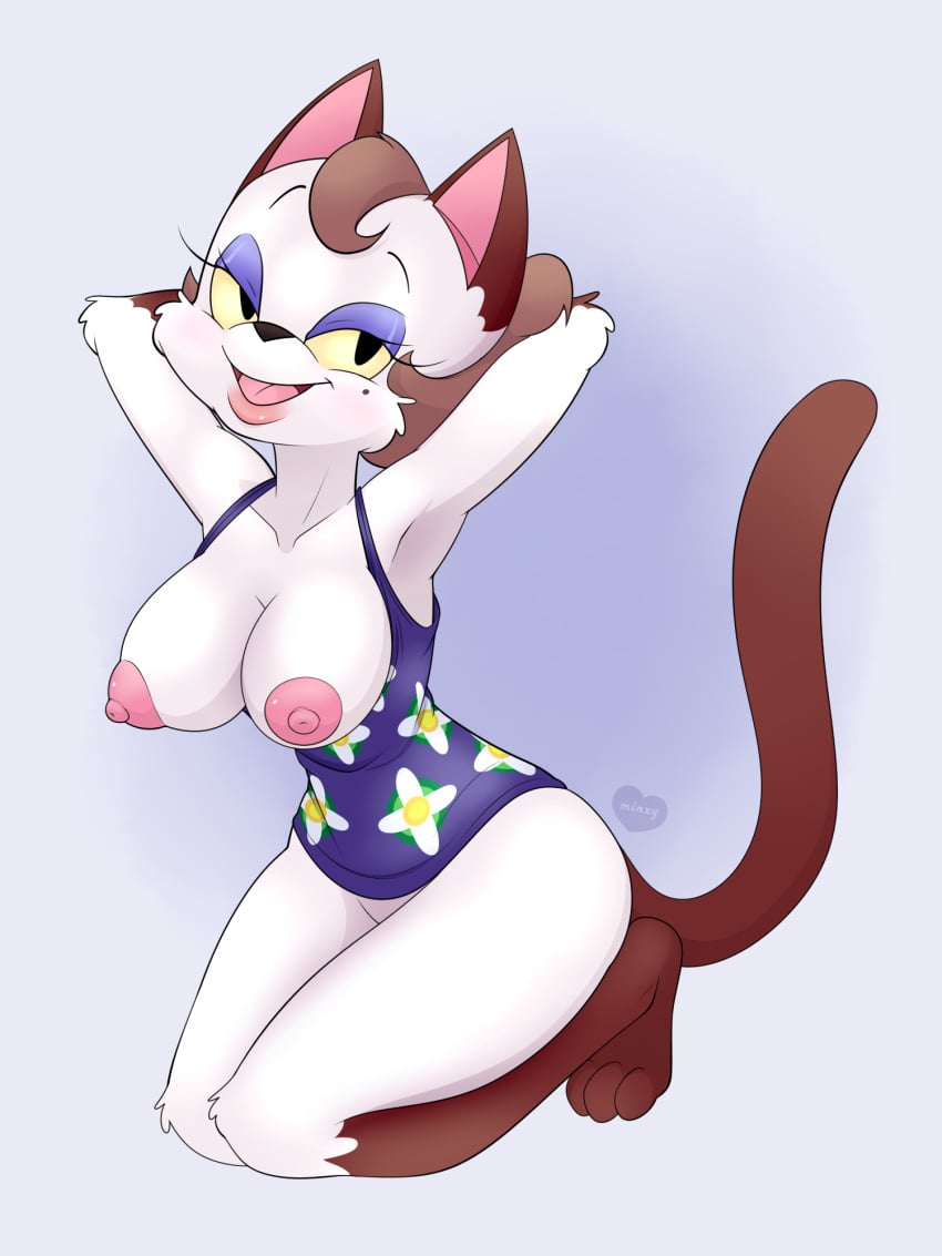 animal_crossing areola breasts cleavage clothed clothing exposed_breasts felid feline female half-closed_eyes hi_res mammal markings minxydoodle mole_(marking) narrowed_eyes nintendo nipples olivia_(animal_crossing) pinup pose sitting solo villager_(animal_crossing)