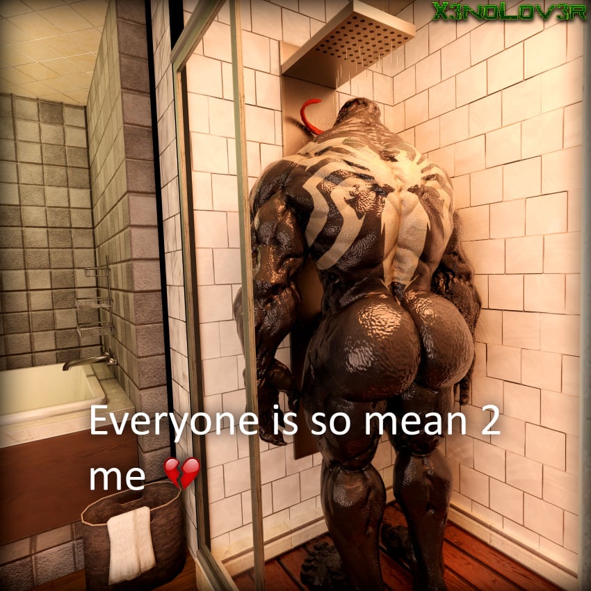 1boy 3d_(artwork) ass backsack big_butt english_text everyone_is_so_mean_2_me gay hi_res humanoid male male_only marvel marvel_comics marvel_rivals meme muscular muscular_male nude shower solo solo_focus symbiote text thekidxeno venom venom_(marvel) venom_(marvel_rivals)