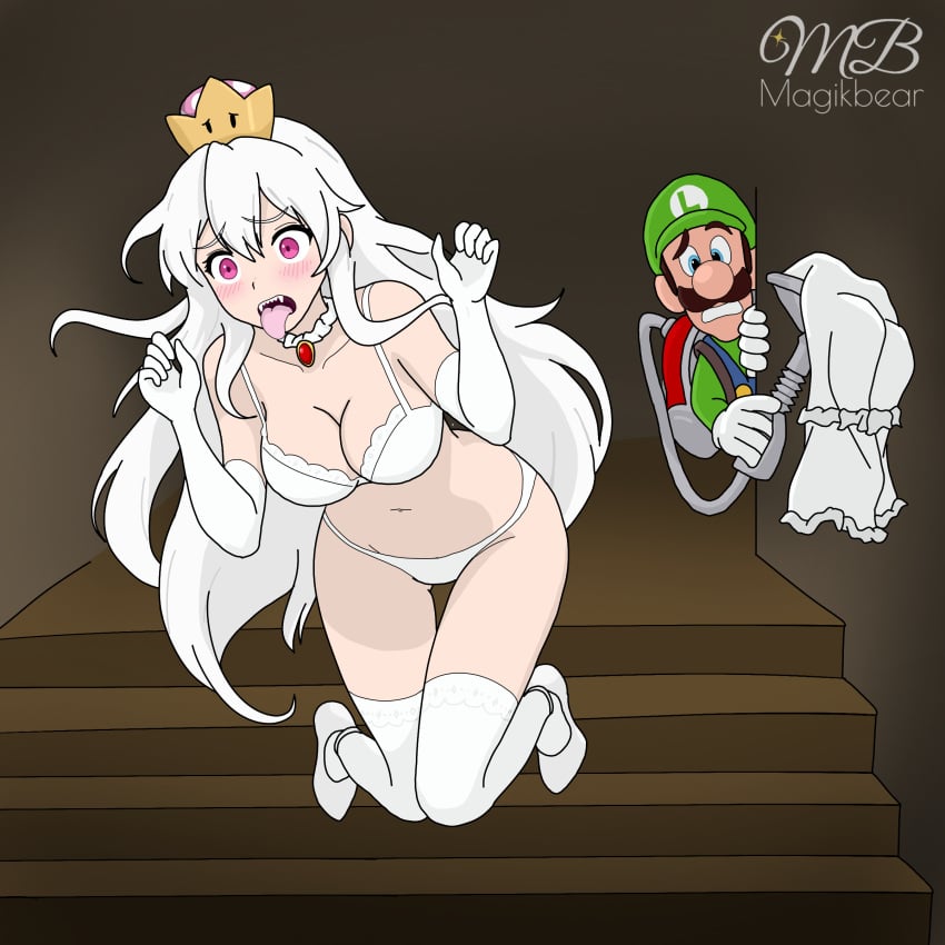 accidental_exposure assisted_exposure blush boosette bra embarrassed embarrassed_underwear_female lingerie lingerie_only long_gloves luigi luigi's_mansion mario_(series) panties pink_eyes poltergust princess_king_boo sharp_teeth stockings stolen_clothes tongue_out white_hair