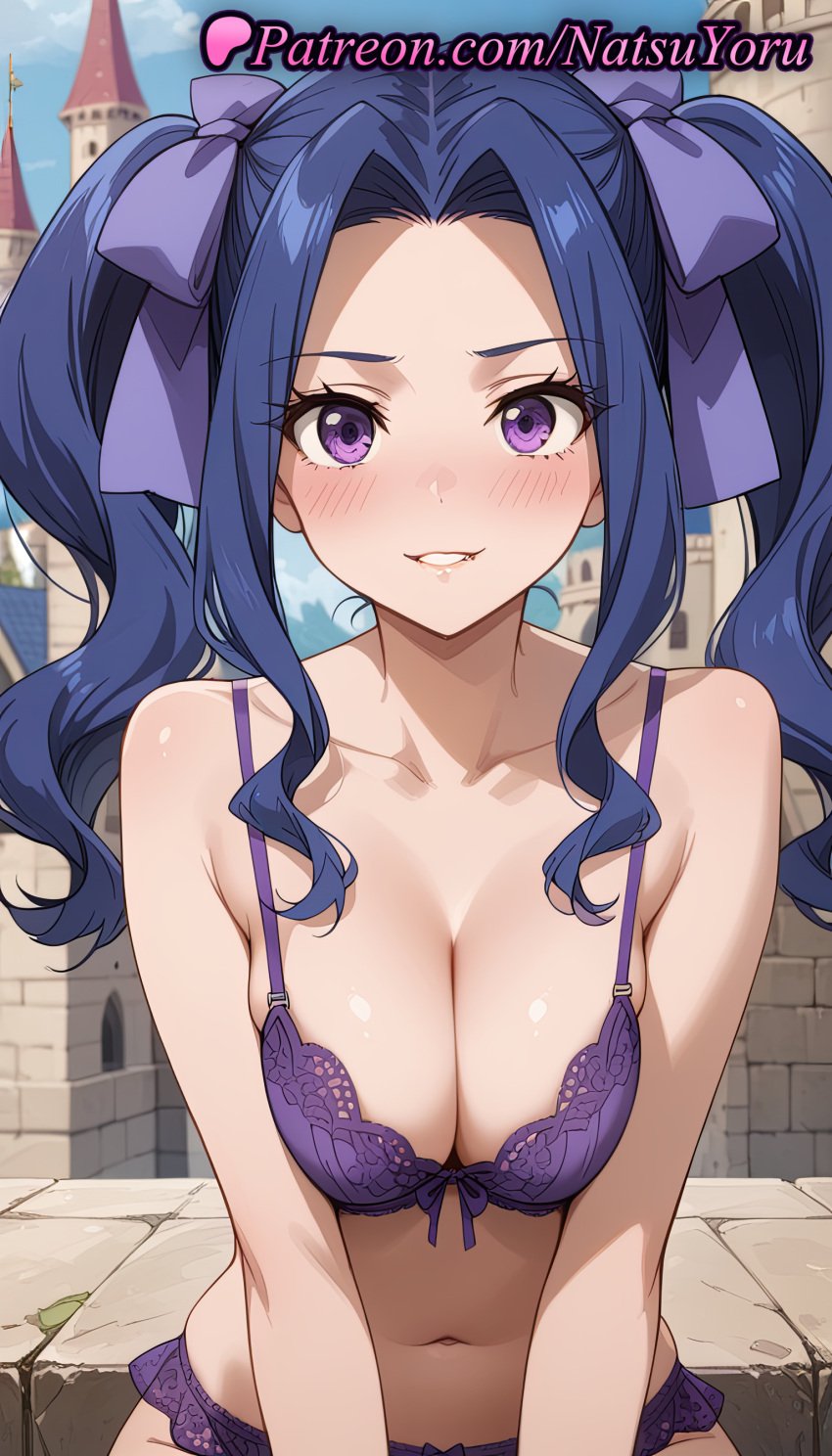 1girls ai_generated anime anime_style asian bangs bare_arms bare_shoulders blue_hair blush bow bow_bra bra breasts breasts_squeezed_together bust busty castle cleavage collarbone dark_blue_hair day female female_focus female_only forehead grin hair_intakes hair_ribbon hair_ribbons hairbow hentai lace-trimmed_bra lace_trim large_breasts lingerie long_hair looking_at_viewer melty_q_melromarc natsuyoru navel outdoors panties pantsu parted_bangs parted_lips purple_bow purple_bra purple_eyes purple_panties purple_ribbon ribbon sidelocks sitting sky smile solo solo_female stomach tate_no_yuusha_no_nariagari teeth the_rising_of_the_shield_hero twintails underwear underwear_only v_arms voluptuous voluptuous_female wavy_hair