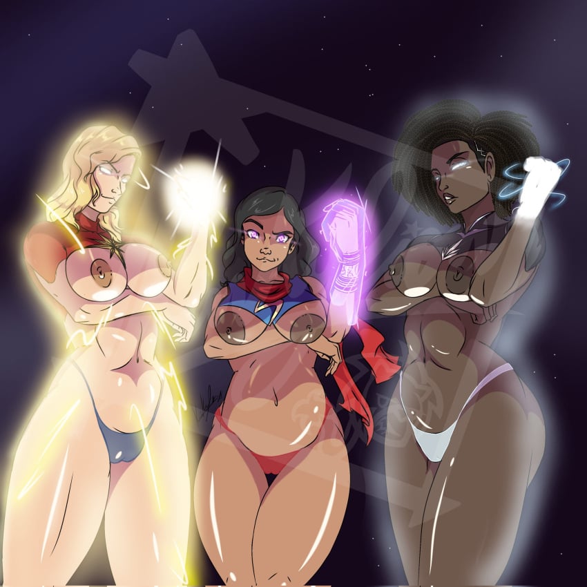 3girls alternate_version_available aura black_hair blonde_female blonde_hair breasts captain_marvel carol_danvers chubby cropped_shirt dark-skinned_female front_view kamala_khan kinkylion looking_at_viewer marvel marvel_cinematic_universe marvel_comics medium_breasts monica_rambeau ms._marvel ms._marvel_(kamala_khan) panties partially_clothed photon_(marvel) scarf watermark