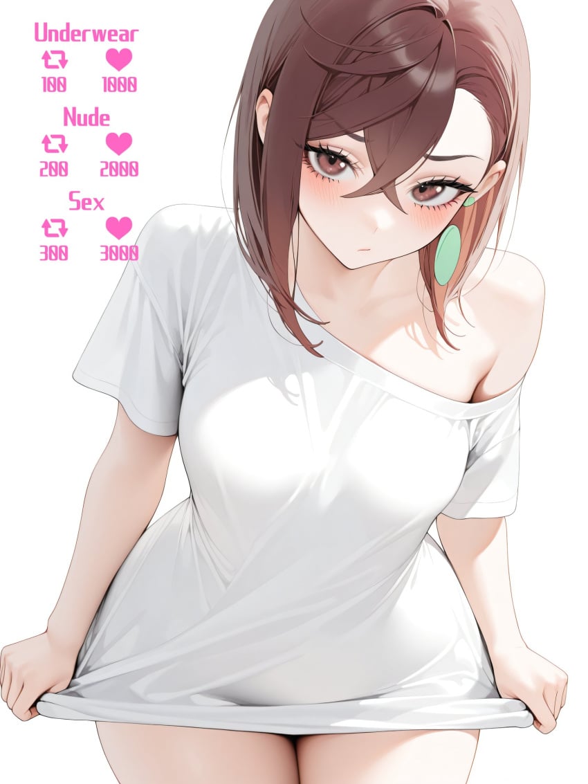 ai_generated april68th ayase_momo bare_legs bending_forward bending_over big_ass breasts brown_eyes brown_hair dandadan embarrassed embarrassed_female looking_at_viewer pulling_shirt pulling_shirt_down selfie selfie_pose shirt_only short_hair slim_waist teenager thick thick_hips thick_thighs tight_fit wide_hips