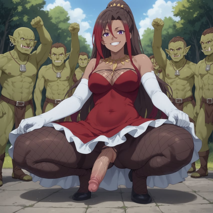 ai_generated bare_shoulders big_penis brown_hair cheering cleavage crowd crowd_watching dark-skinned_futanari dark_skin day dress elbow_gloves exibitionism fishnets forest futanari gloves goblin goblin_male green_skin hair_between_eyes happy human_futa ikudo jewelry kono_subarashii_sekai_ni_shukufuku_wo! long_hair male multicolored_hair multiple_boys muscular muscular_male orc outdoors pantyhose penis ponytail purple_eyes pussy red_dress red_hair smile smiling squatting strapless sylvia_(konosuba) thick_thighs white_gloves