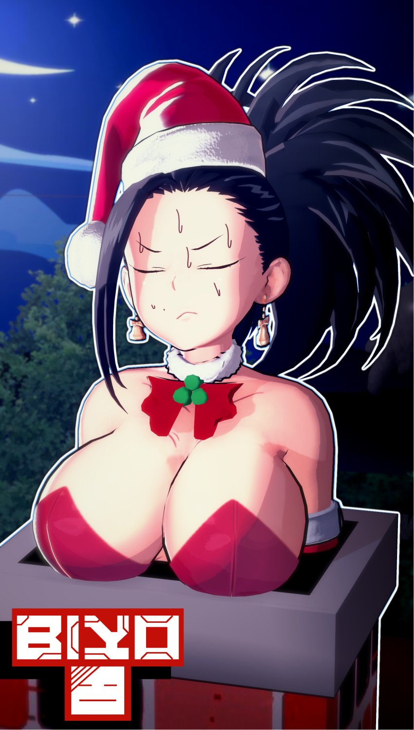 1girls 3d 3d_(artwork) big_ass big_breasts biyo black_hair chimney christmas christmas_outfit cleavage embarrassed heroine humiliation momo_yaoyorozu my_hero_academia night stuck