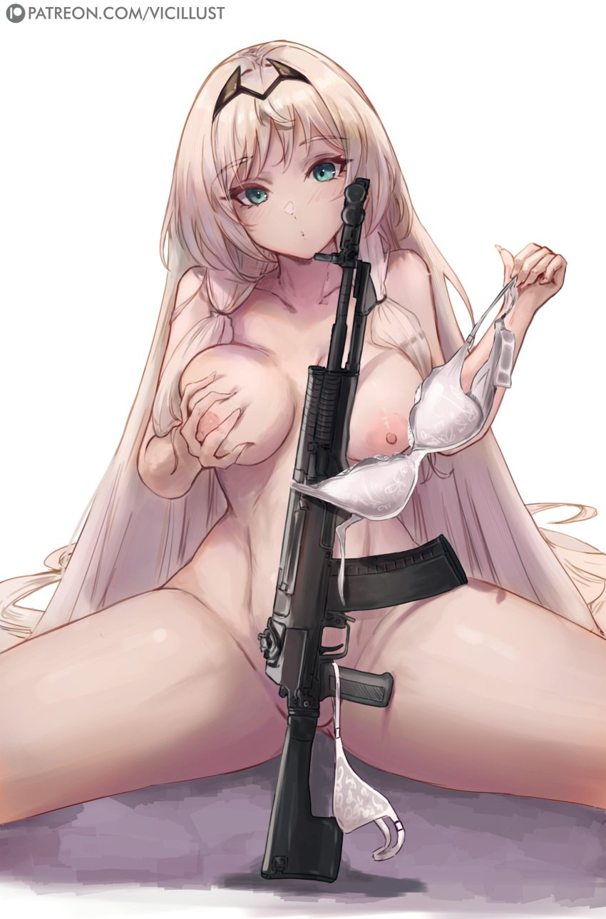 an-94_(girls'_frontline) blonde_hair breasts girls'_frontline gun hairband hi_res legs_apart long_hair medium_breasts patreon_url self_fondle simple_background splits tagme teal_eyes tied_hair vicarious_(vicillust) white_background